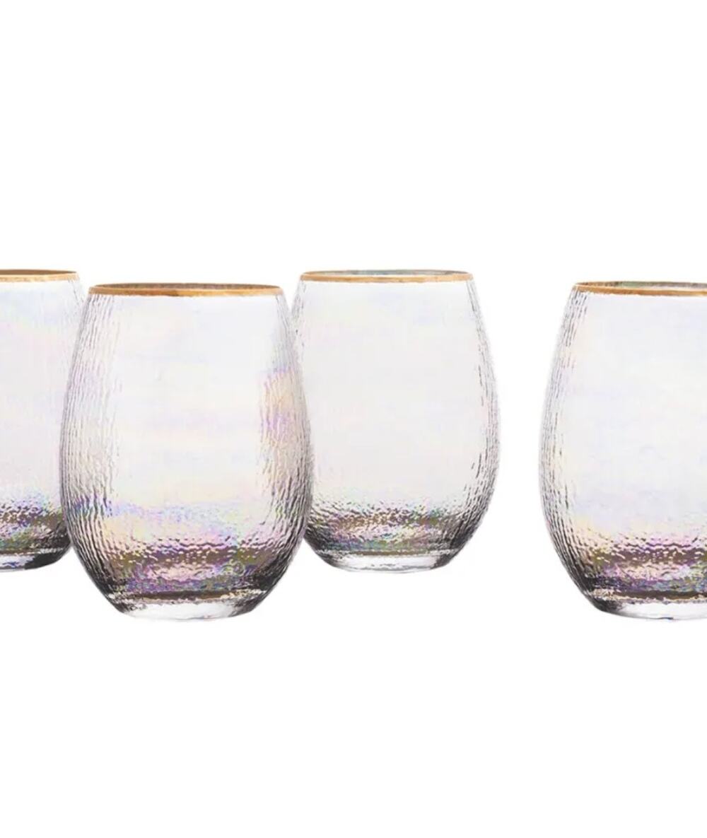 Celine Gold Stemless Wine Goblets, Set of 4 Iridescent NEW 16 ounces